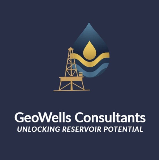 GeoWells Consultants logo: a drilling rig beside a droplet with gold and blue waves. Unlocking reservoir potential
